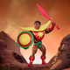 Sun-Man hold aloft his match will standing heroically in front of the sunrise.